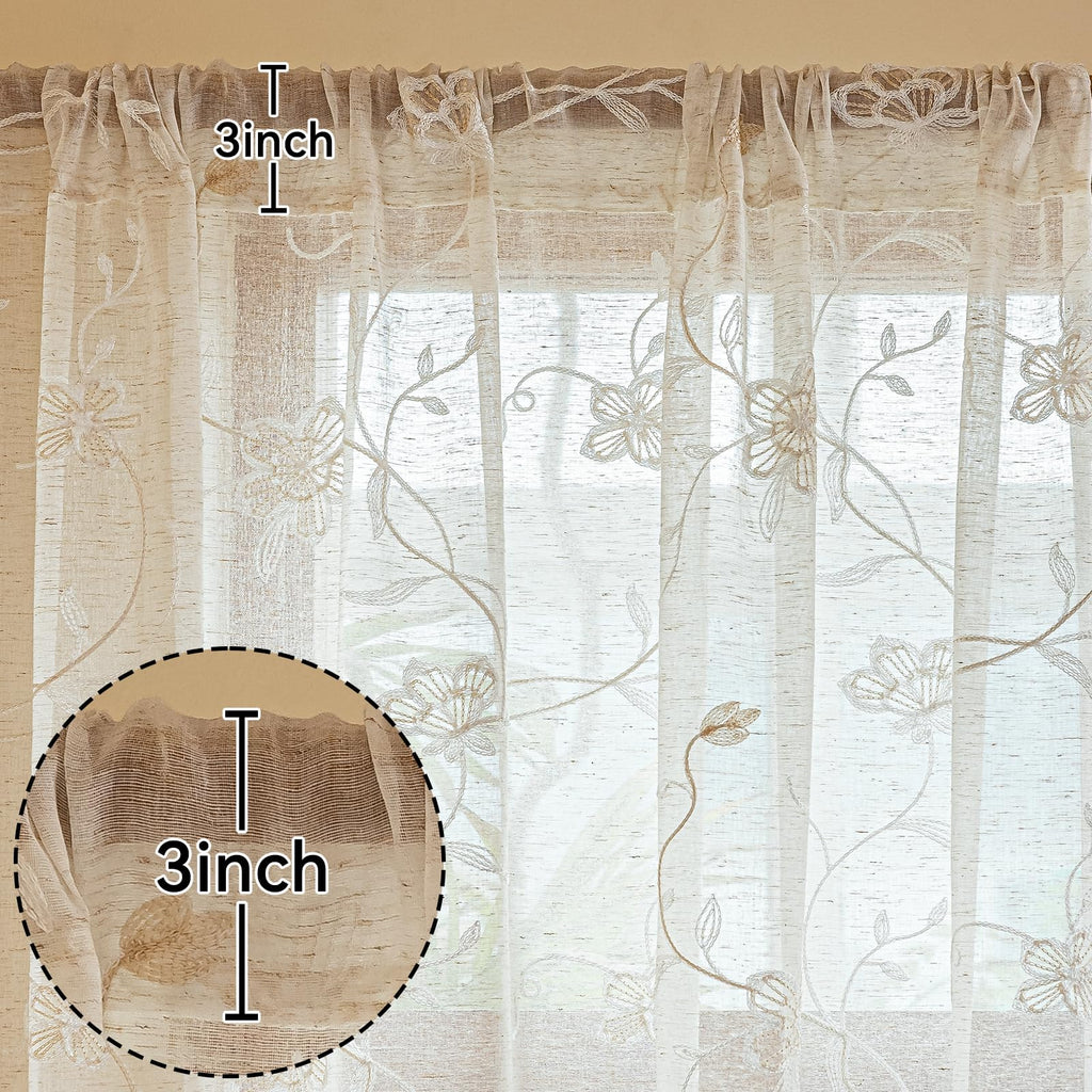 2 Panels Linen Floral Leaf Embroidered Semi Sheer Curtain Farmhouse Voile Curtains Bedroom Window Treatment Beige 52