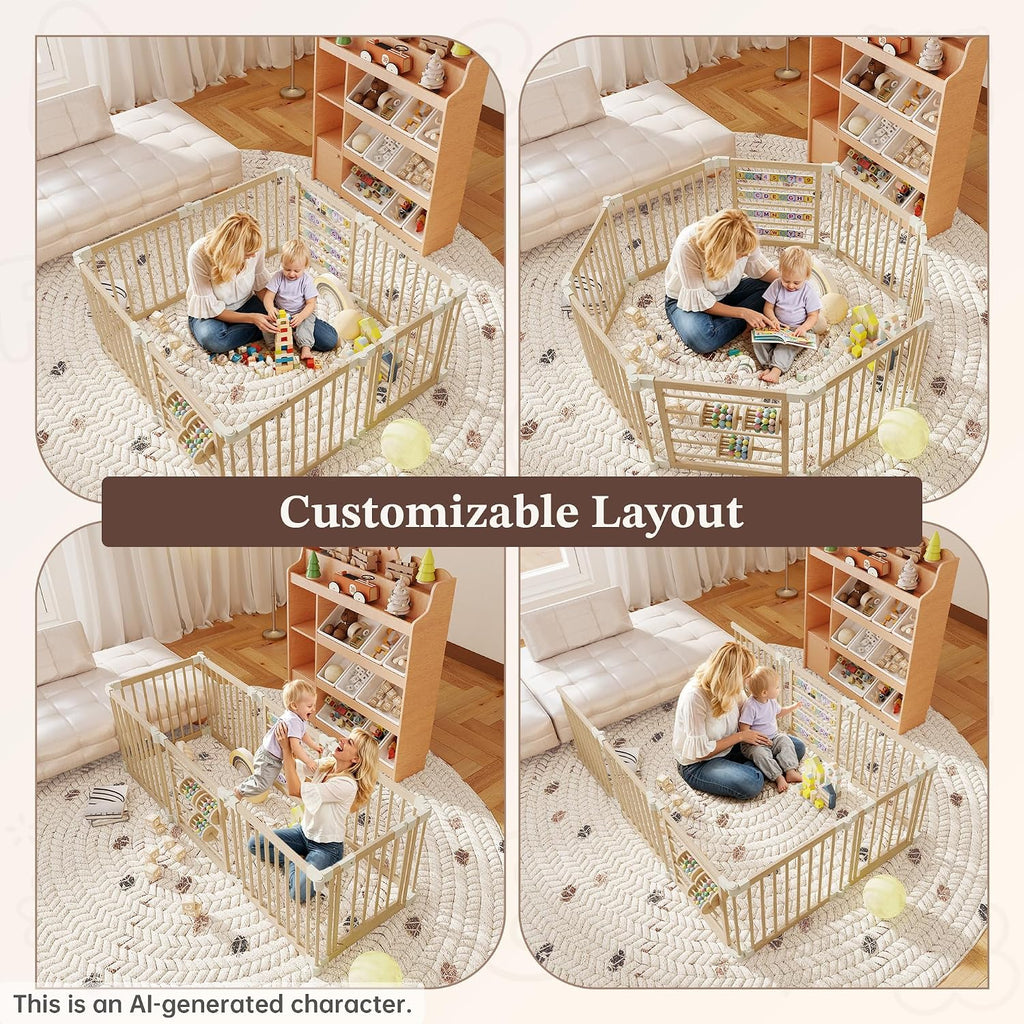 Wooden Baby Playpen, 8-Panel Foldable Play Yard with Built-in Toys | 54 x 54 x 24 in Large Adjustable Baby Fence with