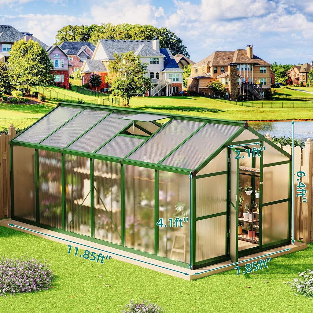 8 x 12ft Polycarbonate Greenhouse for Outdoors - Heavy Duty Aluminum Walk-in Greenhouse with Lockable Door