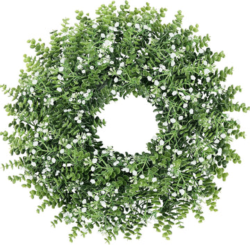 24'' Large Boxwood Wreath for Front Door Artificial Spring Summer Wreath with Baby's Breath Greenery Wreaths