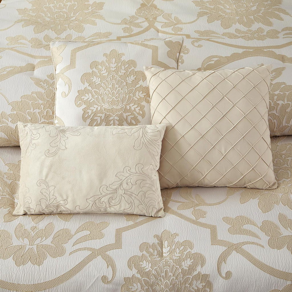 7 Piece Gold Comforter Set, Elegant Jacquard Floral Bed in a Bag, Microfiber Bedding All Seasons with Pillow