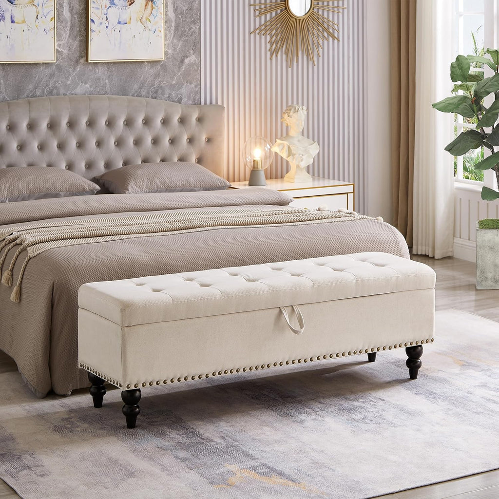 59" Long Storage Ottoman Bench for King Bed End,Linen Upholstered Benches with Storage,Mid Century Modern Bench