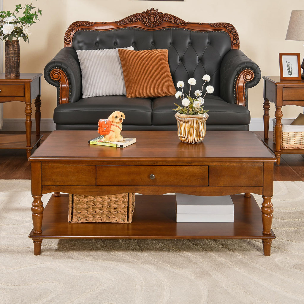 Rectangular Coffee Table with 2 Storage Drawers, Mid-century Solid Wood Living Room Table with Carved Leg, Elegant