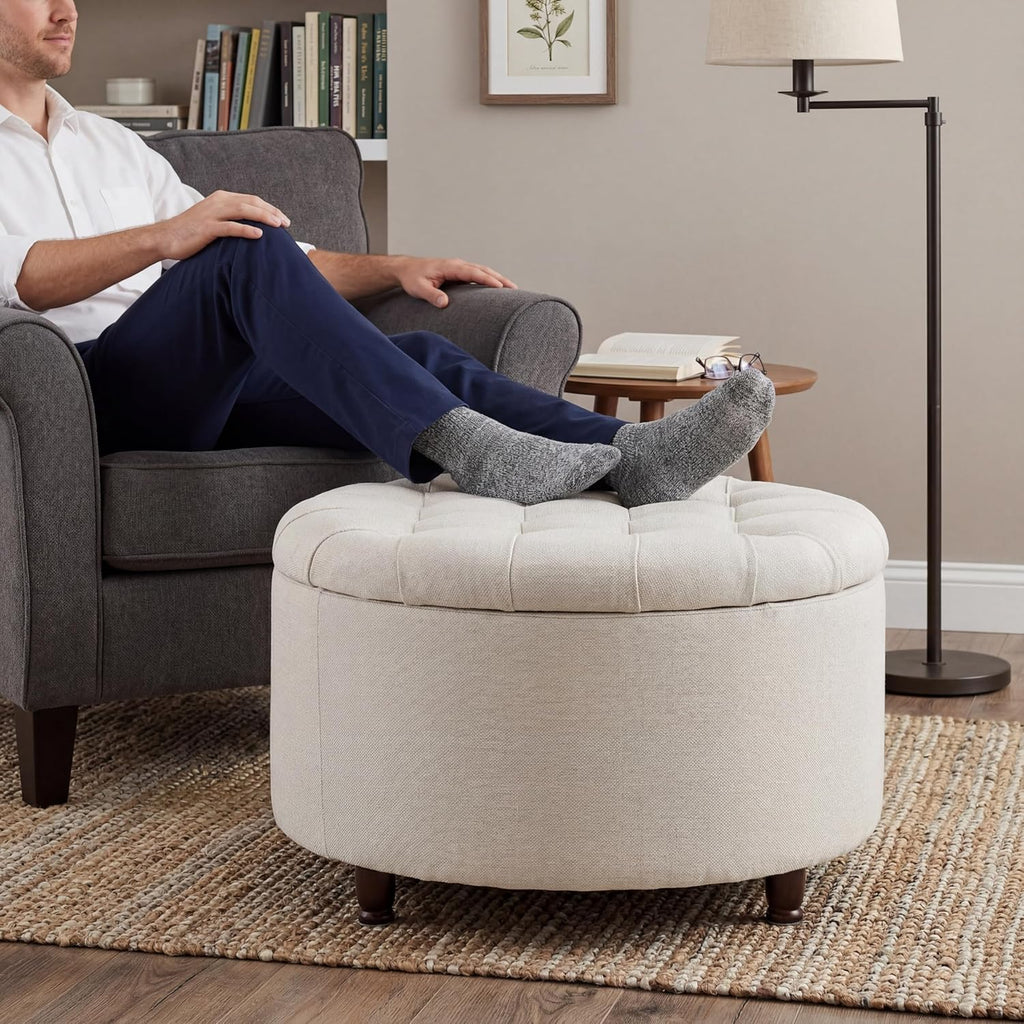 28" Round Storage Ottoman, Tufted Coffee Table ,Beige | Chenille Upholstered Footrest with Removable-Top & Wood Leg