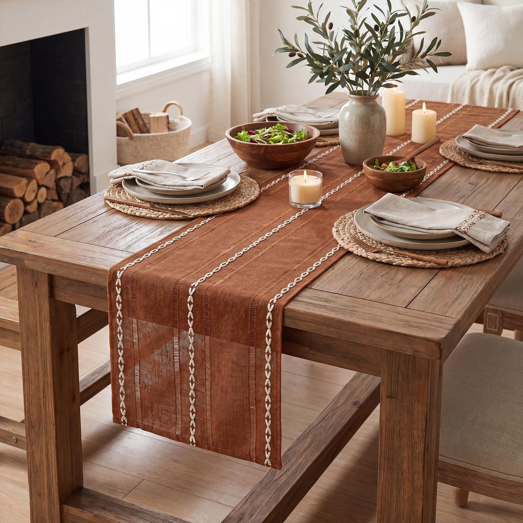 Caramel Rustic Cotton Linen Table Runner 13x108 Inch