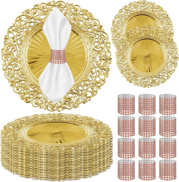 12 Set Gold Charger Plates with 12 Napkin Rings, 13-Inch Stackable Chargers | for Dinner Plates, Perfect for Wedding
