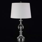 25.5" Clear Crystal and Chrome Table Lamp, Glam Faceted Sphere Bedside Lamp with White Linen Drum Shade