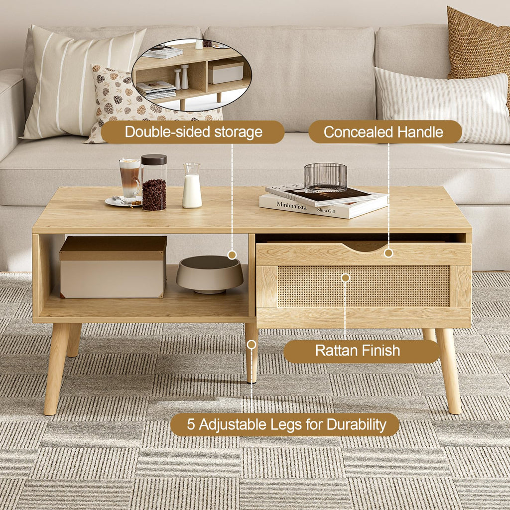 Rattan Coffee Table with Drawer, Boho, Natural