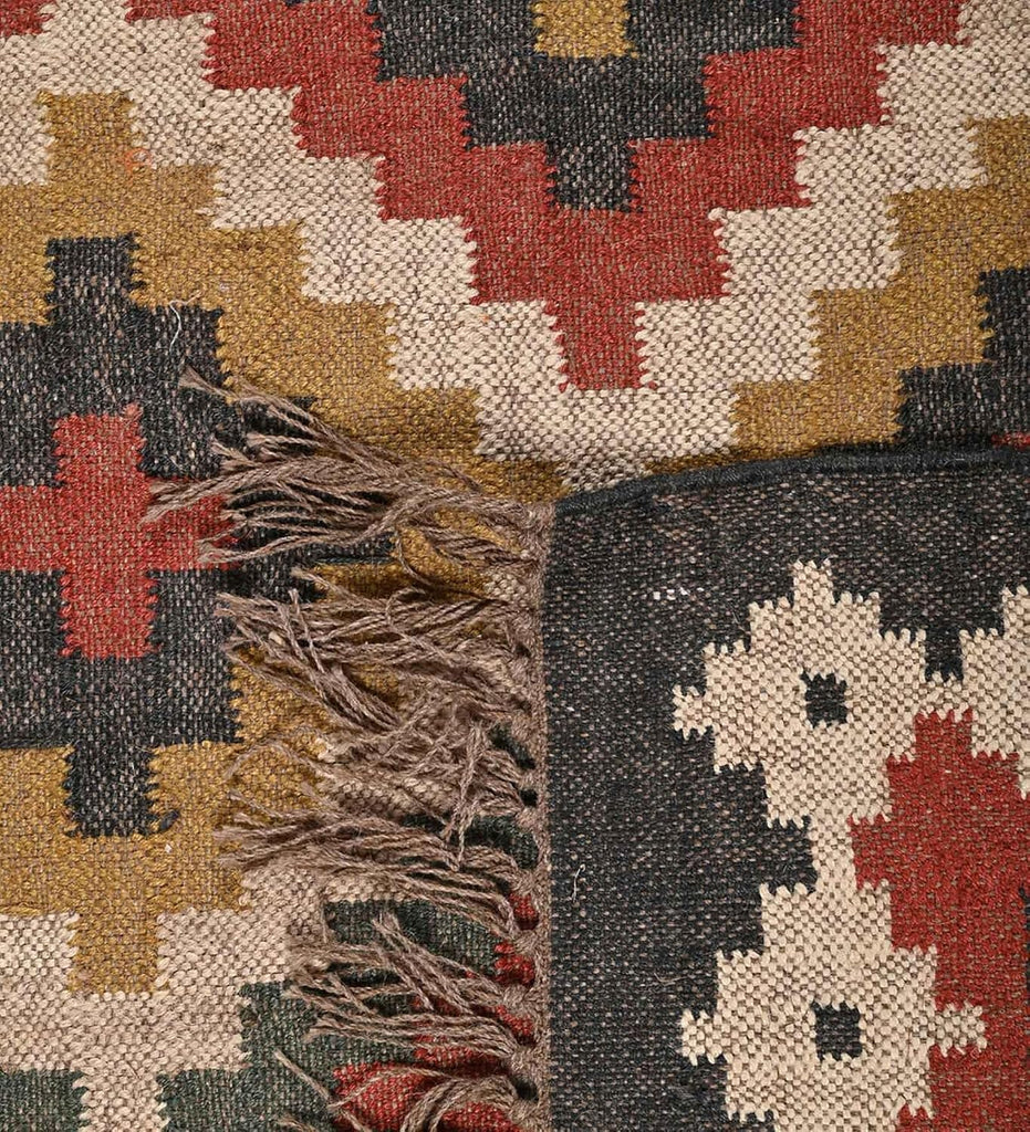 Geometric Kilim Wool Jute Rug - Natural Handwoven Flatweave, Bohemian Southwestern Style, Sustainable and