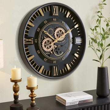 24 Inch Wall Clock with Moving Gears, Modern Black Gold