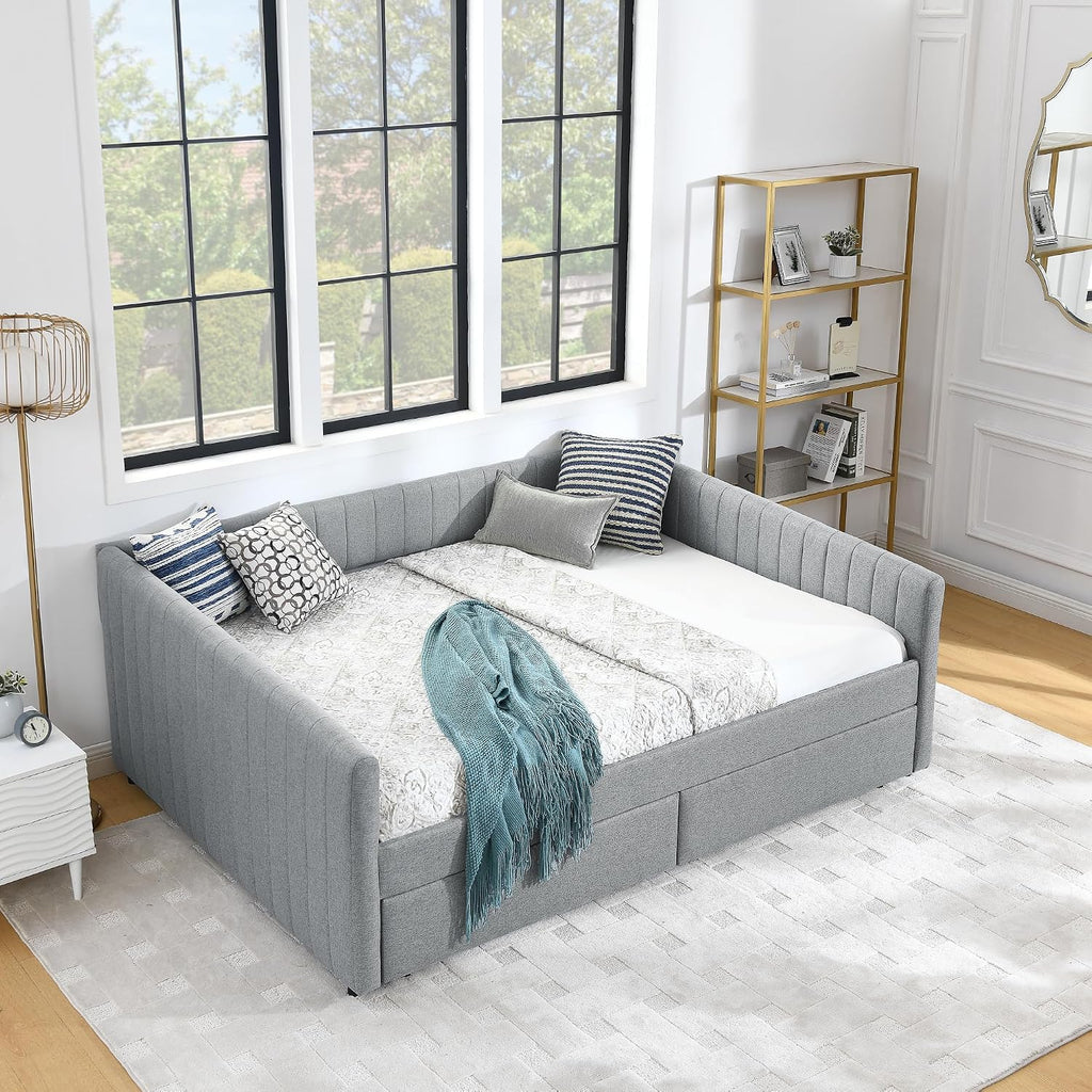 Daybed with Storage Drawers, Modern Upholstered Linen Queen Size Day Bed Frame with Stripes, Tufted Corner Sofa Bed