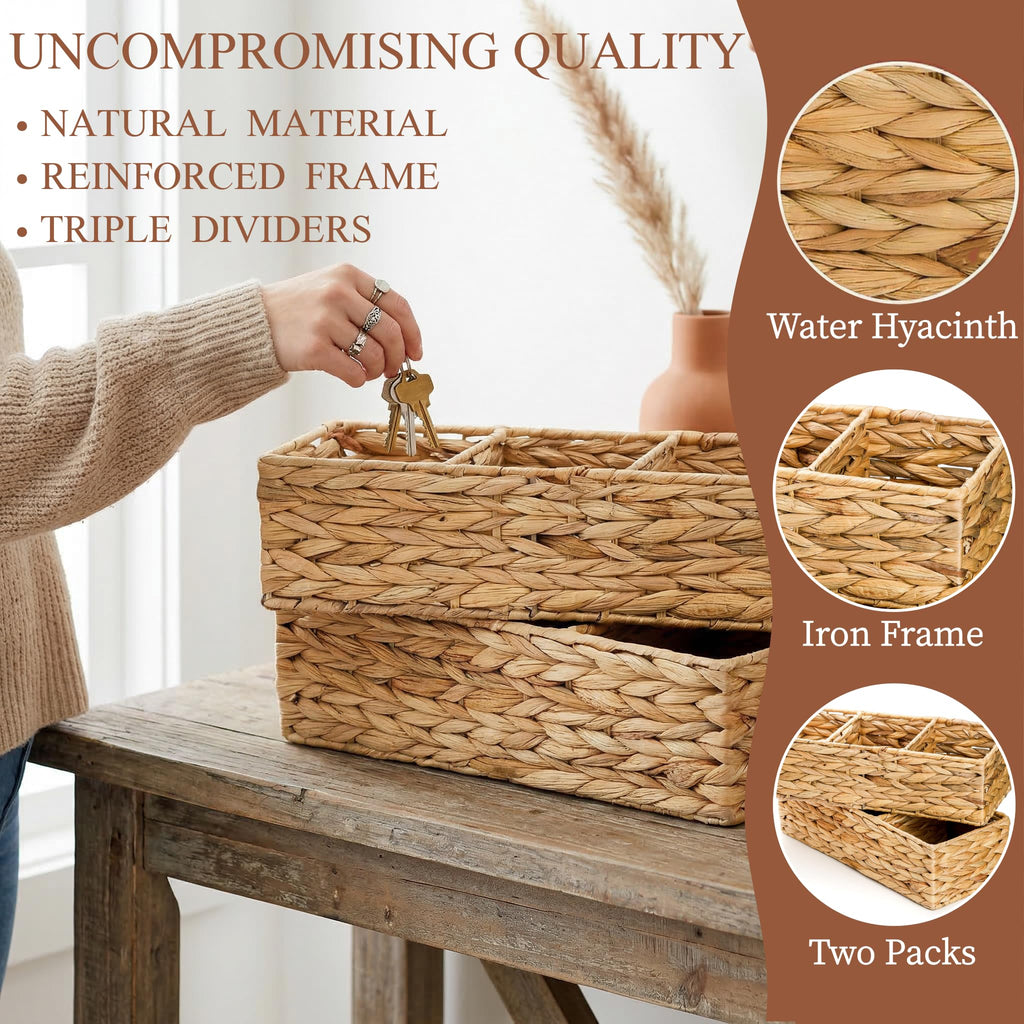 2 Pack 3-Section Woven Baskets, Water Hyacinth Storage Bin, Handwoven Desk Organizer, Toilet Paper Container