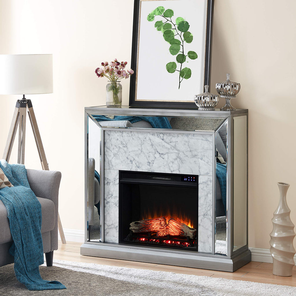 Trandling Mirrored Touch Screen Electric Fireplace with Faux Marble - Transitional Design, Grey Glass and Wood