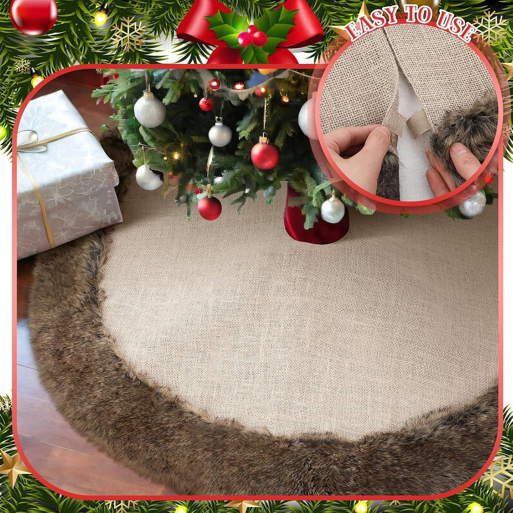 36 Inch Christmas Tree Skirt Burlap Brown Faux Fur Plush Xmas