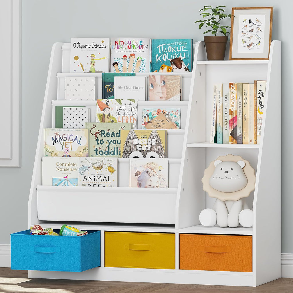 5-Tier Kids Sling Bookshelf with Storage Bins, Wood Children Bookcase, Toddler Montessori Book Shelf for Kids Room