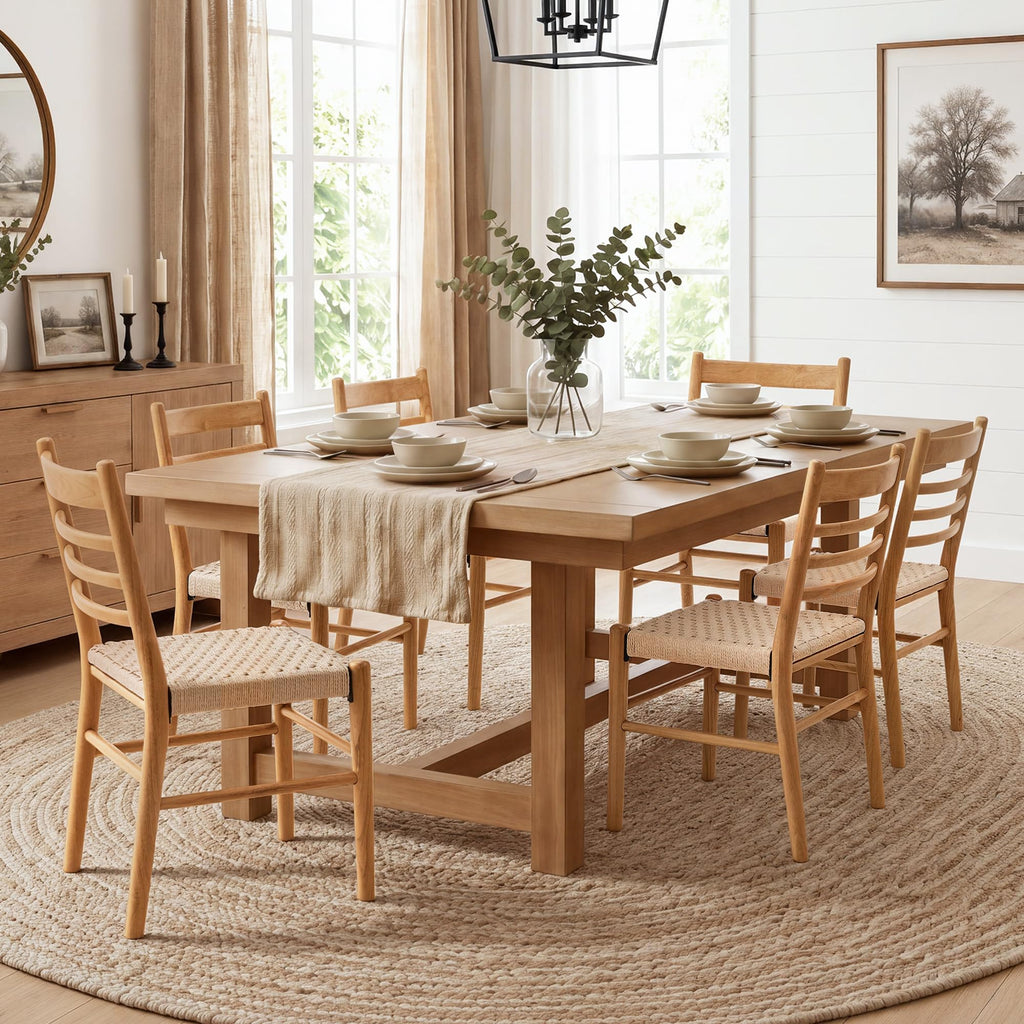 Dining Chairs Set of 4, Mid Century Modern Solid Rubberwood Ladder Back Wicker Chairs, Hand Woven Rattan Paper Rope