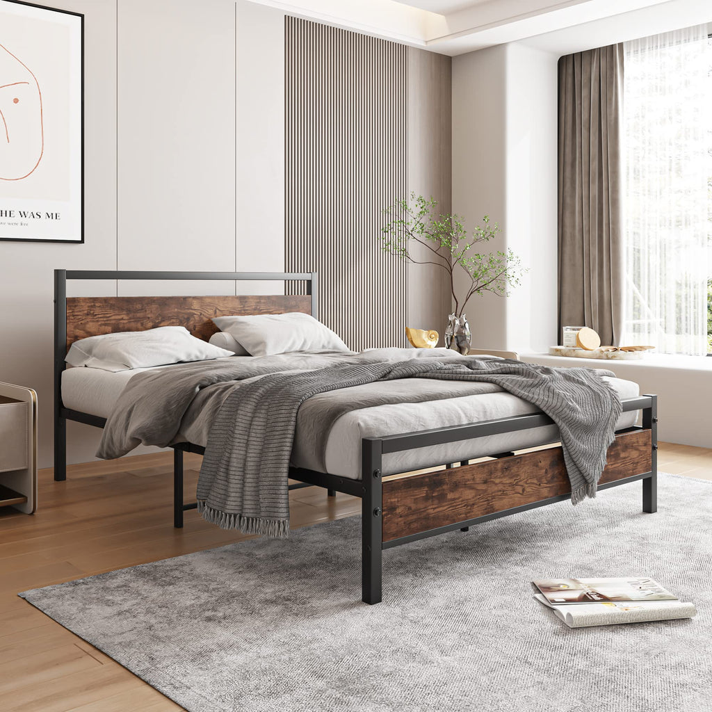 Bed Frame with Headboard, Wood Bed Frame Rustic Brown