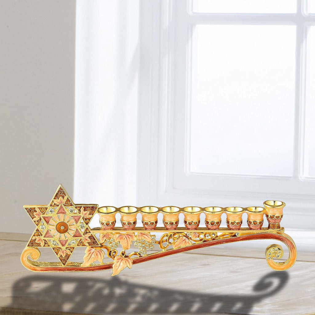 9.25 Inch Long Hand Painted Enamel Candelabra Embellished with a Star of David Design and Embellished with Gold