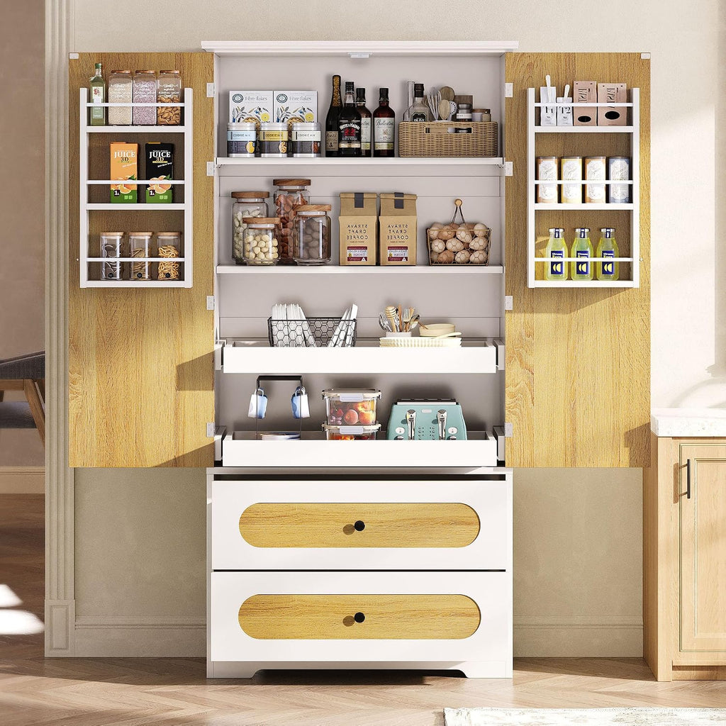70" Kitchen Pantry Cabinet with Pull-Out Shelves, White | Pantry Storage Cabinet with 6 Door Organizers, 2 Drawers
