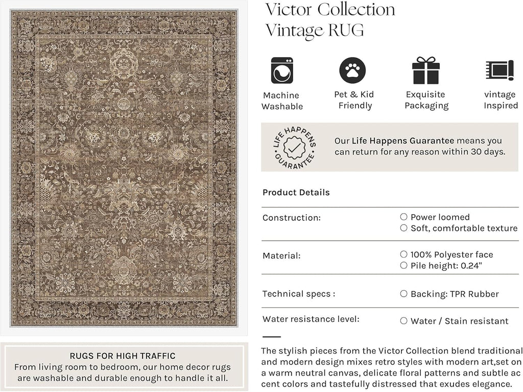 6x6 Round Rugs Brown Washable Rug for Living Room Bedroom Large Neutral Vintage Rug Carpet Distresse