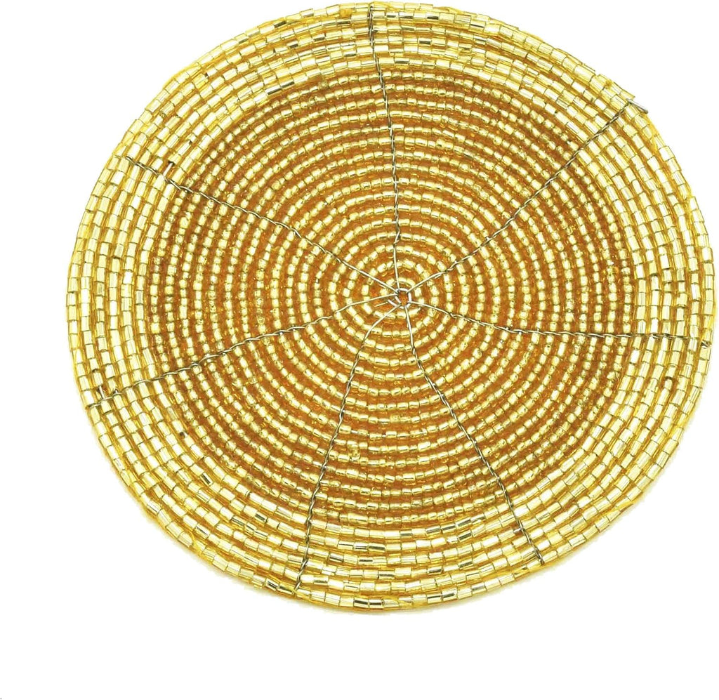 Indian Handmade Top Table Accessories Gold Shimmering 4" Round Beaded Coasters Suitable for Cold Drinks Mugs Cups - Set of 4