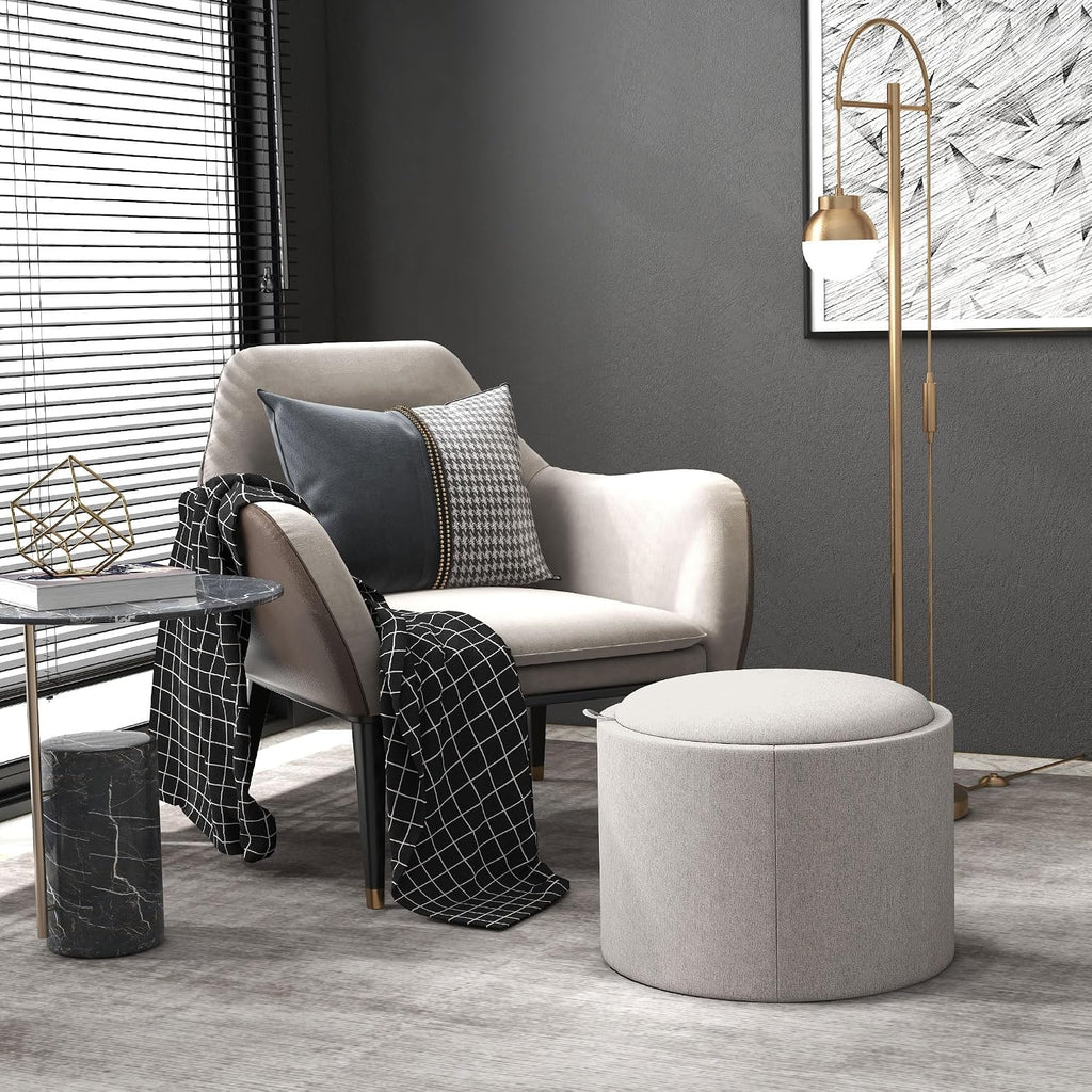 Round Storage Ottoman with Flip Top Tray, Footstool, Light Gray | Upholstered Fabric, Small Coffee Table, Hidden