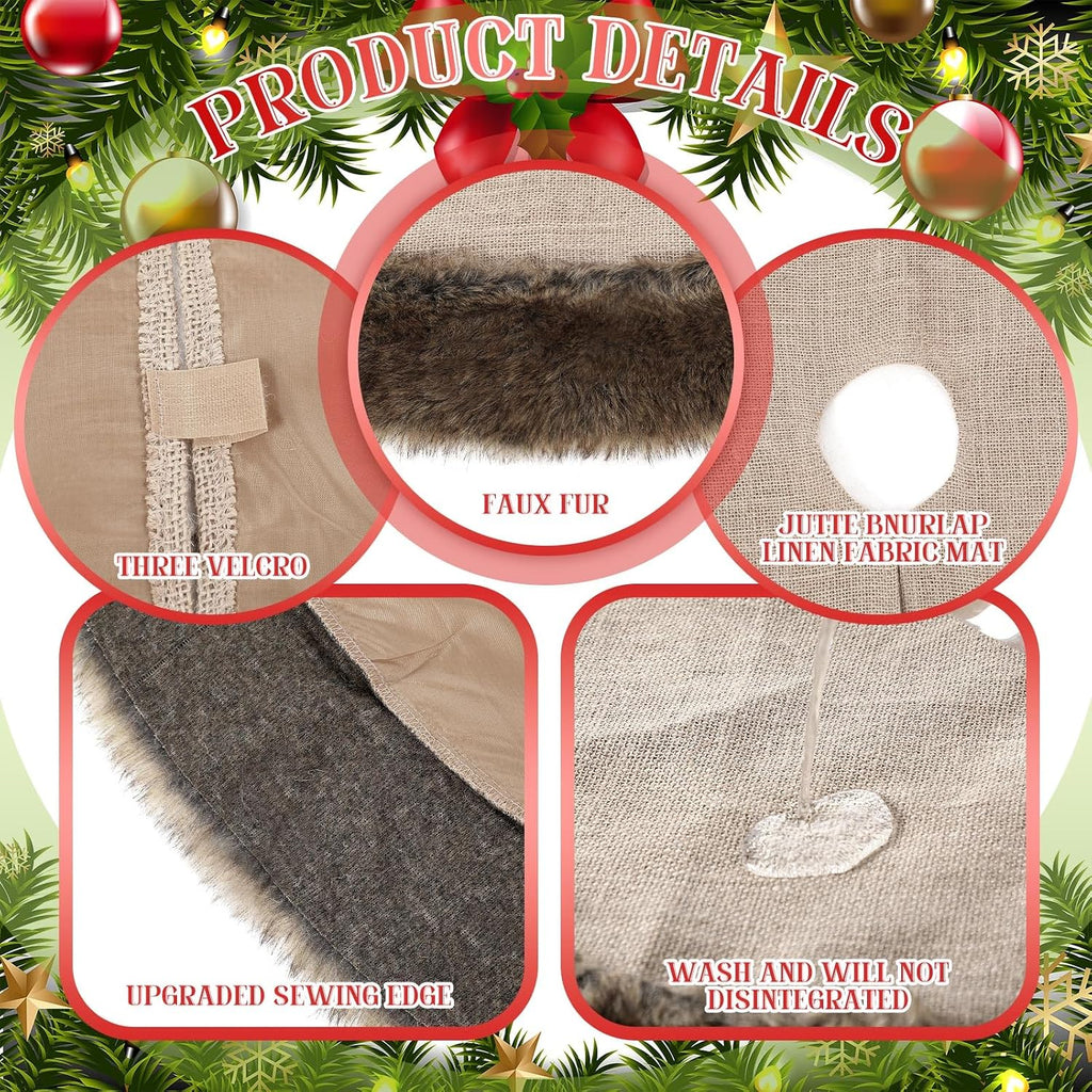 36 Inch Christmas Tree Skirt Burlap Brown Faux Fur Plush Xmas