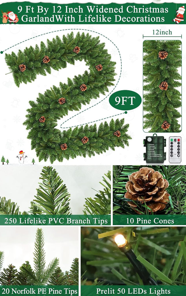 Remote Control &Timer & 8 Modes - 9 Ft by 12 Inch Prelit Christmas Garland Decoration 50 Warm White & Colorful Change
