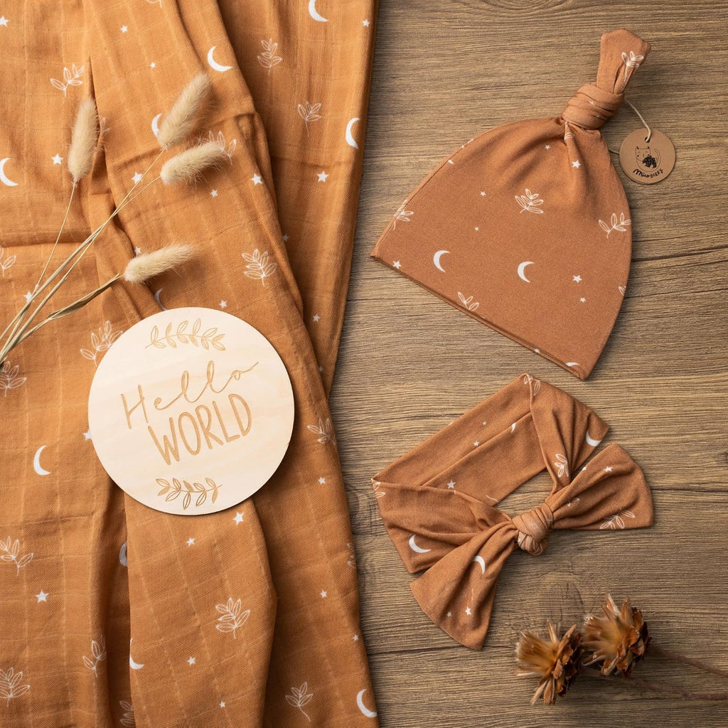 100% Organic Cotton Baby Muslin Swaddle Blanket Set| Burnt Orange Boho Moon| Gender Neutral for Boys Girls|Moon Leaf