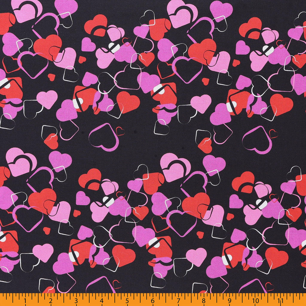 Fabrics Valentines Cotton Fabric, Colored Hearts Black Cut by The Yard