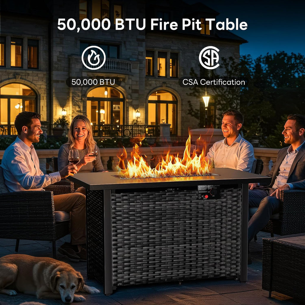 43" 4-in-1 Propane Fire Pit Table, 50,000 BTU, CSA Certified | Rattan Gas Fire Pit Table with Lid, Blue Fire Glass