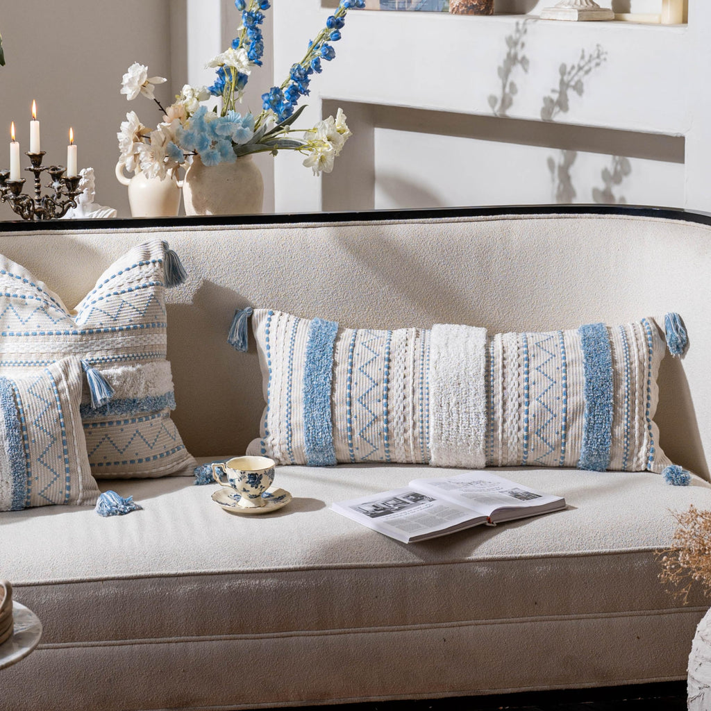 14x36 Lumbar Pillow Cover for Bed, Rectangular Long Decorative Throw Pillowcase, Boho Accent Cushion with Blue Tufted