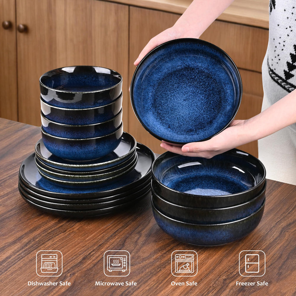 16 Pcs Porcelain Dinnerware Sets for 4 with Double Bowls, Blue