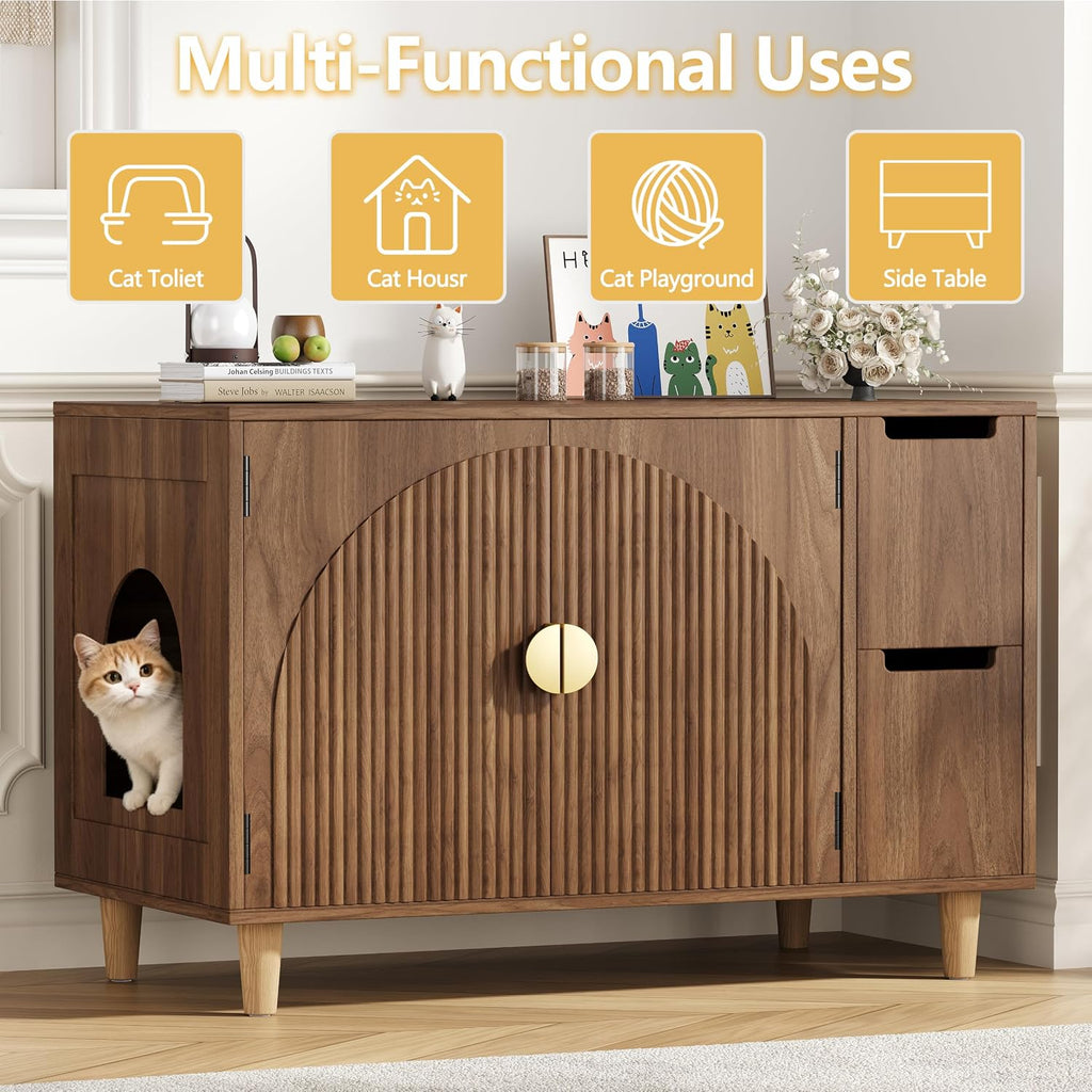 35.4" Wooden Fluted Cat Litter Box Enclosure with 2 Layer Drawers