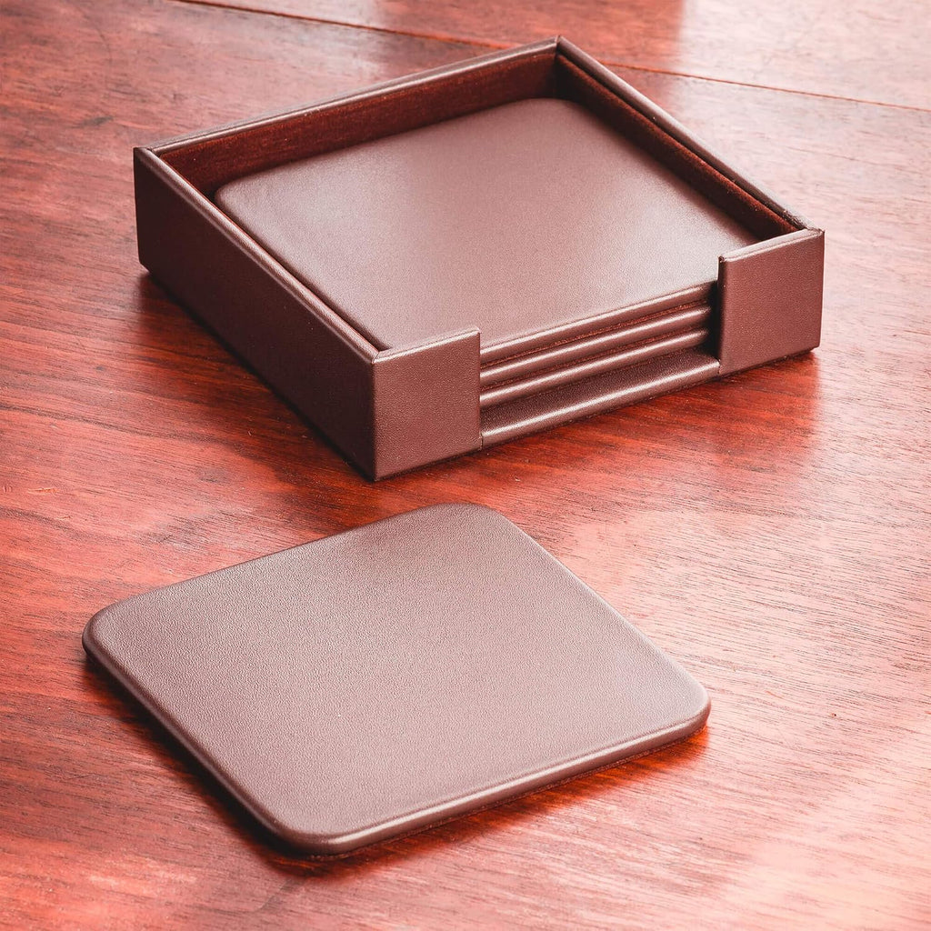 Chocolate Brown Genuine Leather 4" Round Coaster Set
