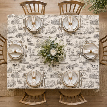 Farmhouse Toile Tablecloth 70x70 Inch Square Vintage Rustic Cotton Linen
