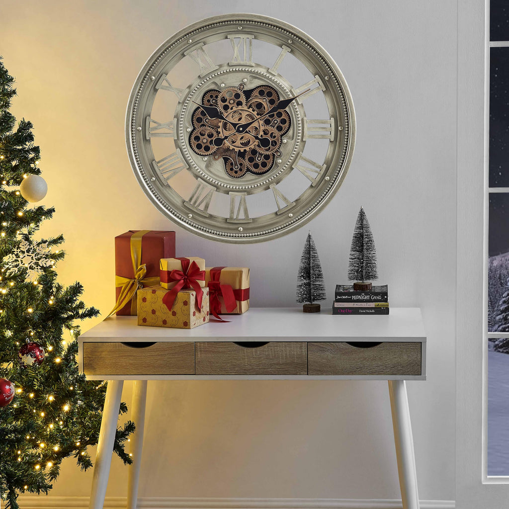 24" Moving Gear Wall Clock, Antique Champagne
