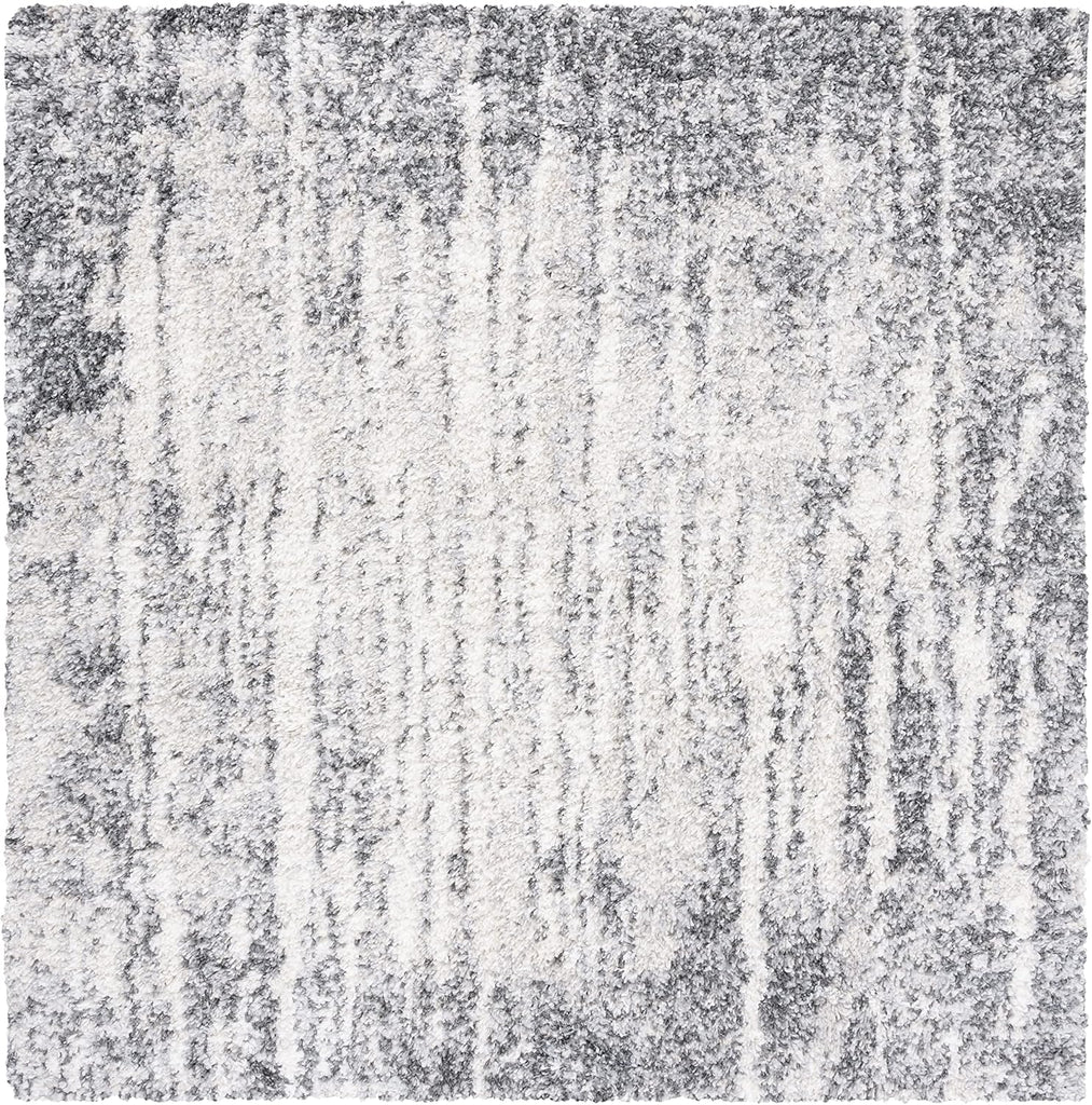 Berber Shag Collection Area Rug - 6'7" Square, Grey & Ivory, Modern Abstract Design, Non-Shedding & Easy Care