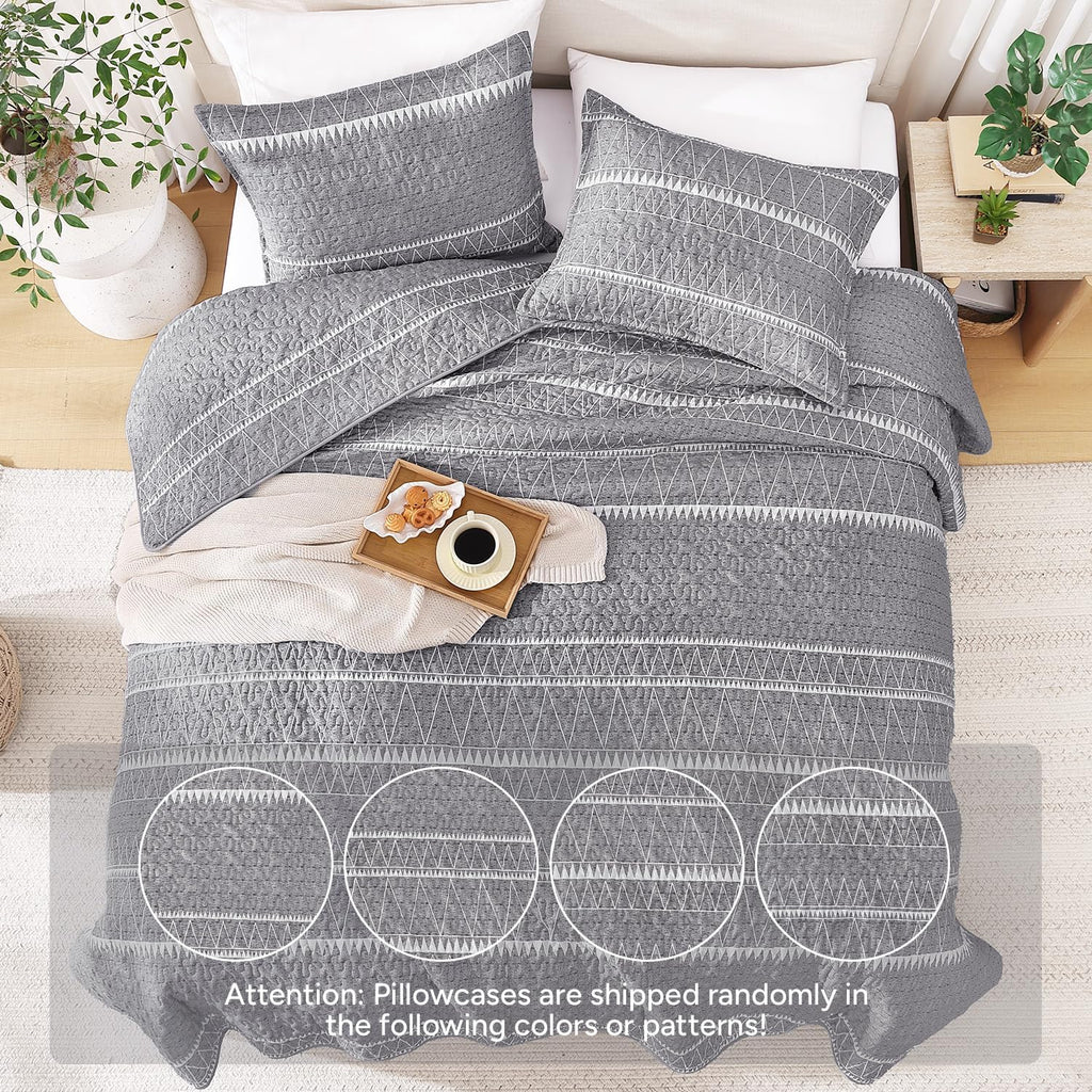 Quilts Queen Grey, 3 Pieces Queen Quilt Bedding Set Boho Lightweight Soft Striped Bedspread for All Season (90"x96")