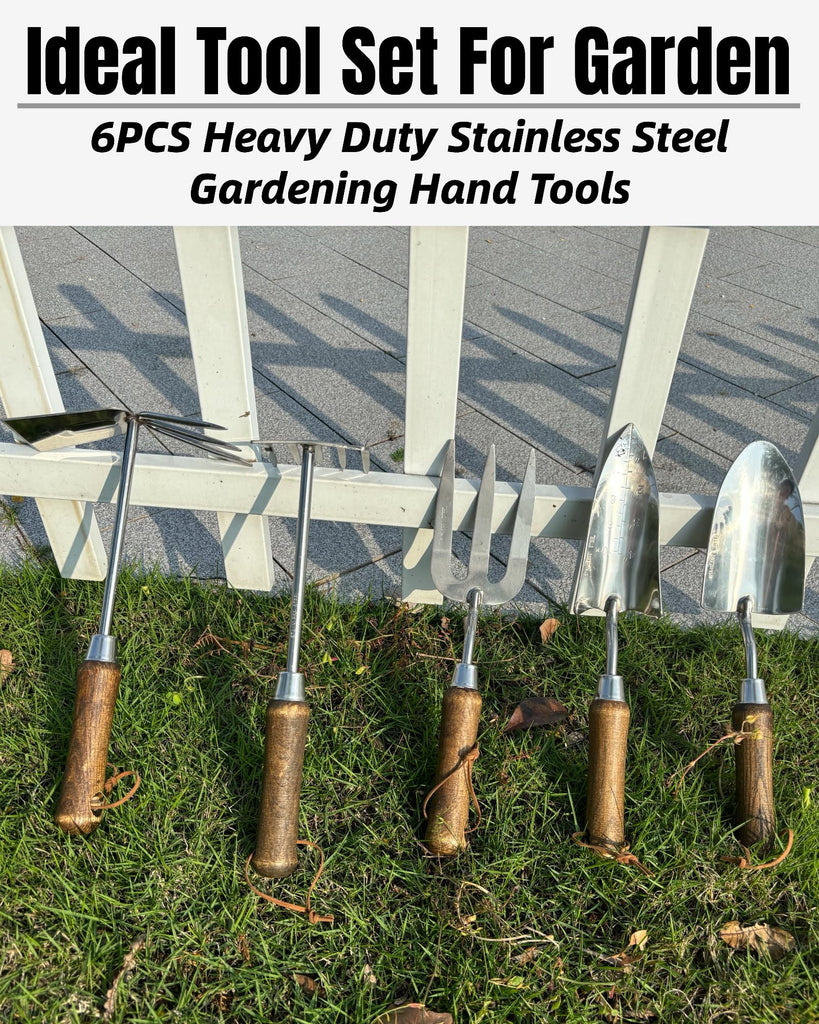 Garden Tool Set, 6PCS Heavy Duty Stainless Steel Gardening Hand Tools with Ropes, Includes Hand Cultivator Shovel