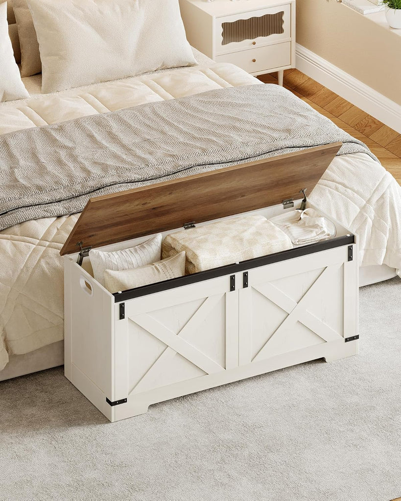 43" Storage Bench, Lift Top, 210L/55Gal Storage Chest | Retro White, Farmhouse, FSC Wood, 330lb, Double Hinges