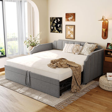 Upholstered Daybed with Pop Up Trundle, Twin to King Size Linen Upholstery Daybed Sofa Bed with Armrests and USB