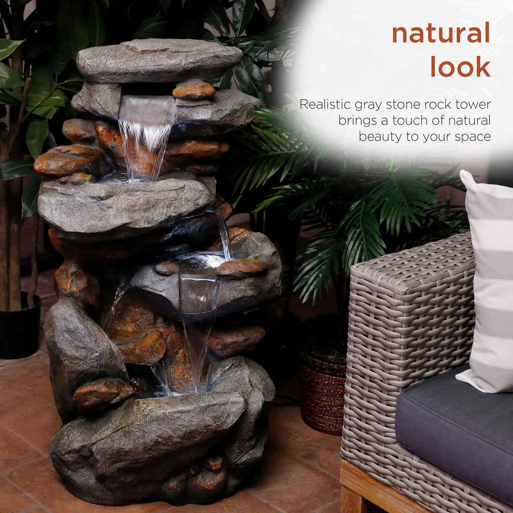 40" 4-Tier Rock Floor Fountain with Cascading Water & White LED Lights, Tranquil Outdoor Water Feature