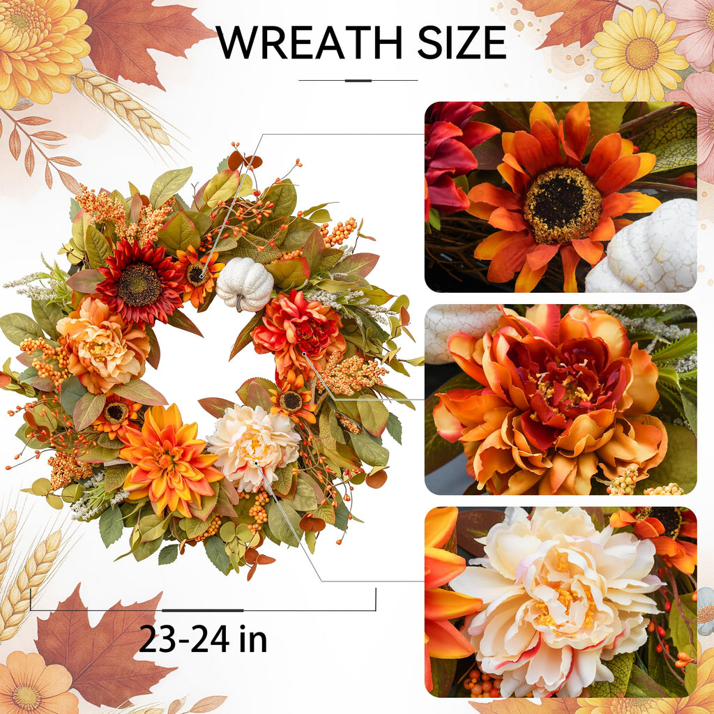 24 Inch Fall Wreaths for Front Door, Farmhouse Autumn Harvest Wreath