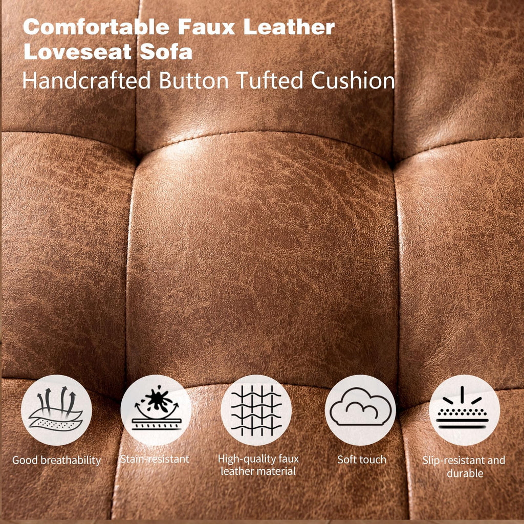 Faux Leather Couch, 70" Mid-Century Modern Sofa, Brown