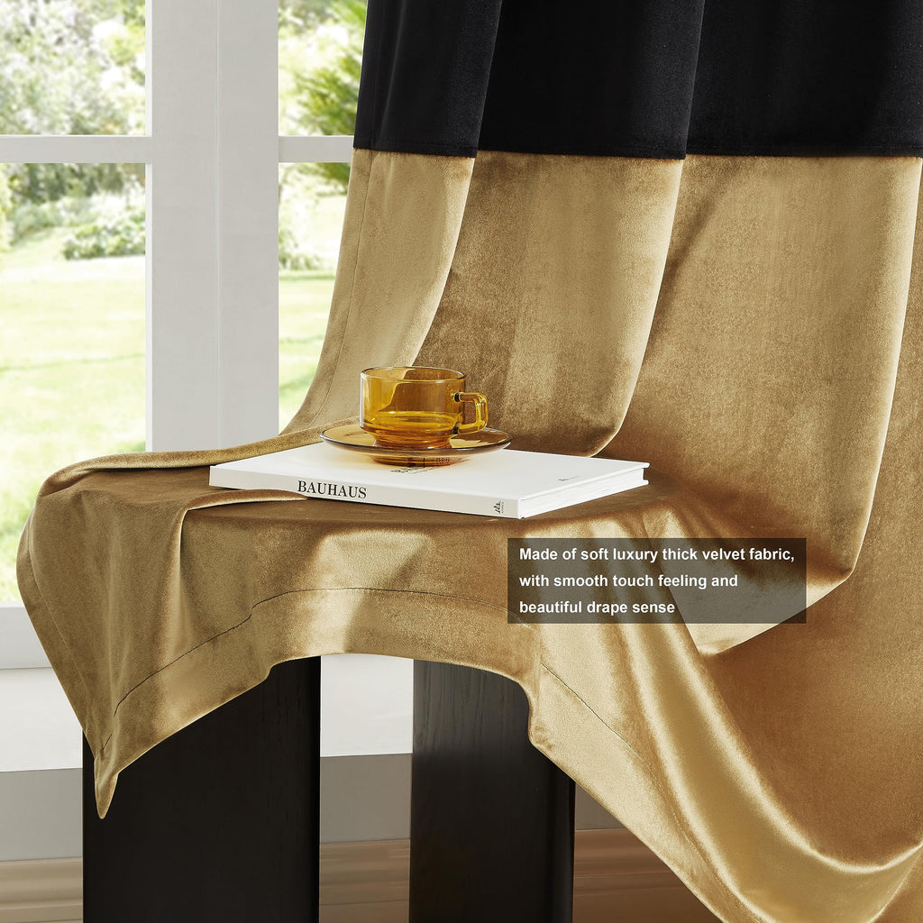 Black Gold Velvet Blackout Curtains Luxury Decor 84 inches, Color Block