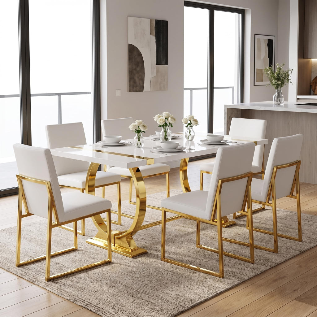 60" White and Gold Dining Table with Stainless Steel U-Base for 4-6