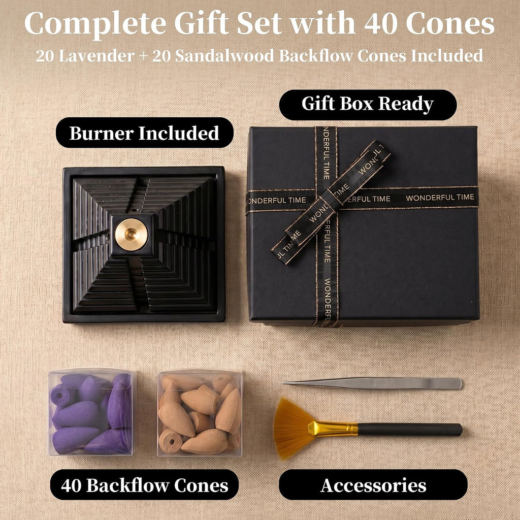Pyramid Backflow Incense Burner Gift Set, Black Cement, 40 Cones