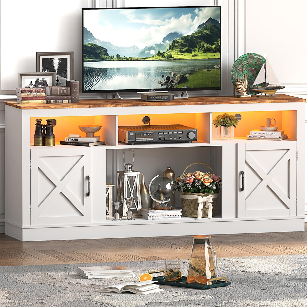 Farmhouse TV Stand for 70/75/80 Inch TV, 32"Tall Entertainment Center w/LED Light, Large Media Console Cabinet w/Barn