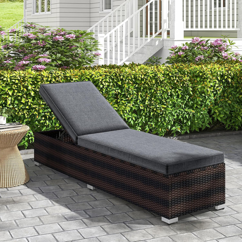 Outdoor Chaise Lounge, Patio Wicker Lounge Chair w/ 4-Level Backrest, Heavy-Duty Metal Frame, Outside Rattan